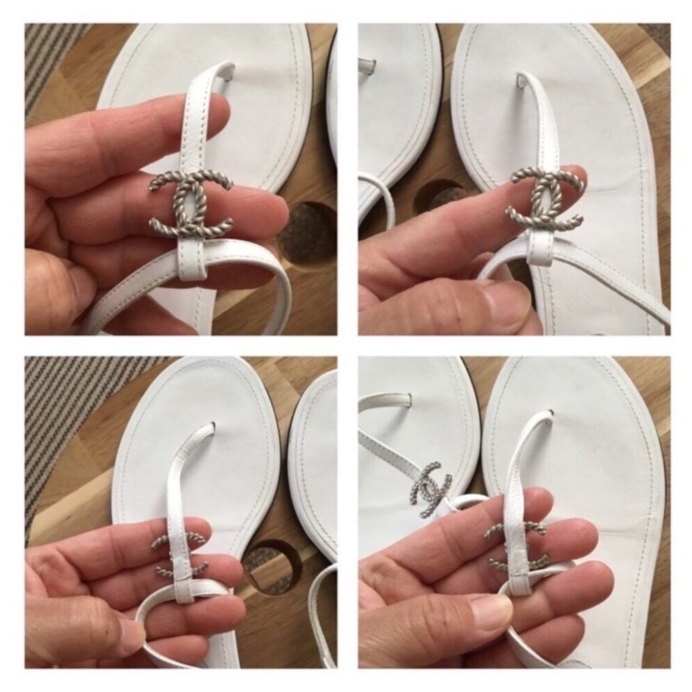 CHANEL AUTHENTIC THONG LAMSKIN WHITE SANDALS SILVER METAL SIZE 38.5-8.5C W/BOX - Picture 6 of 15